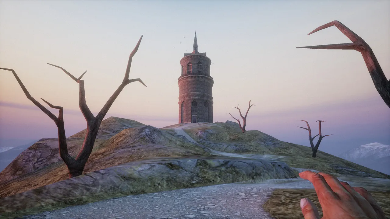 A lone stone tower on a barren hill with dead trees at dusk, seen in first person
