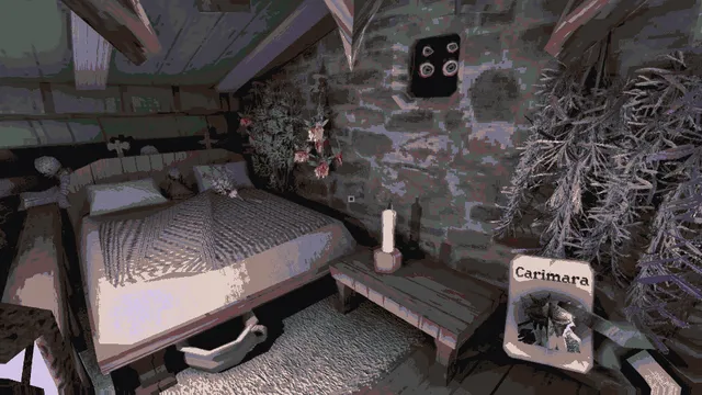 A dim stone bedroom with a bed, a candle and the Carimara card held in the corner