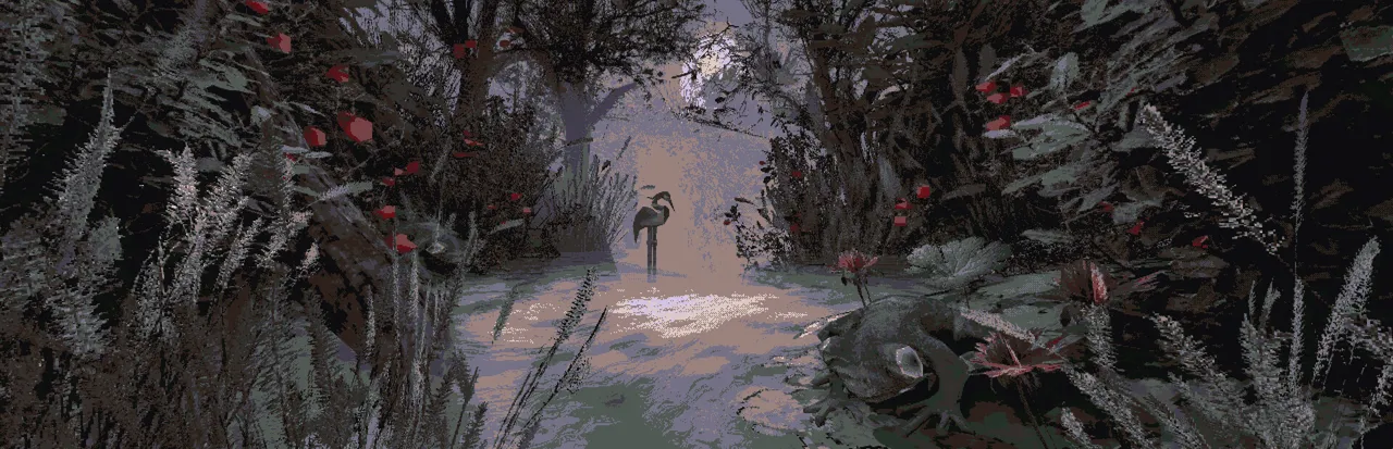 CARIMARA: a heron standing in a moonlit pond at the end of an overgrown garden path, with a stone frog in the foreground