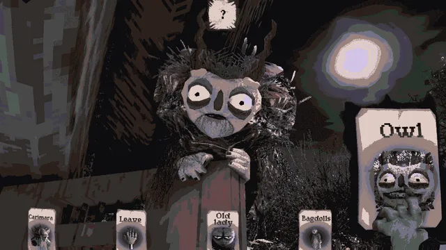 A wide-eyed owl-like creature peers over a fence under the moon as the Owl card is held up
