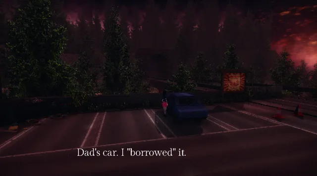 Carnival Massacre screenshot: Harley beside her dad's car in a dark car park outside the carnival, seen from a wide fixed angle