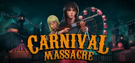 Carnival Massacre store art: Harley holding a shotgun with a small blonde girl behind her, in front of a night carnival and Ferris wheel