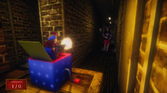 Carnival Massacre screenshot: a jack-in-the-box clown fires a gun from its box as Harley stands at the far end of a dark brick alley, seen from a fixed high angle