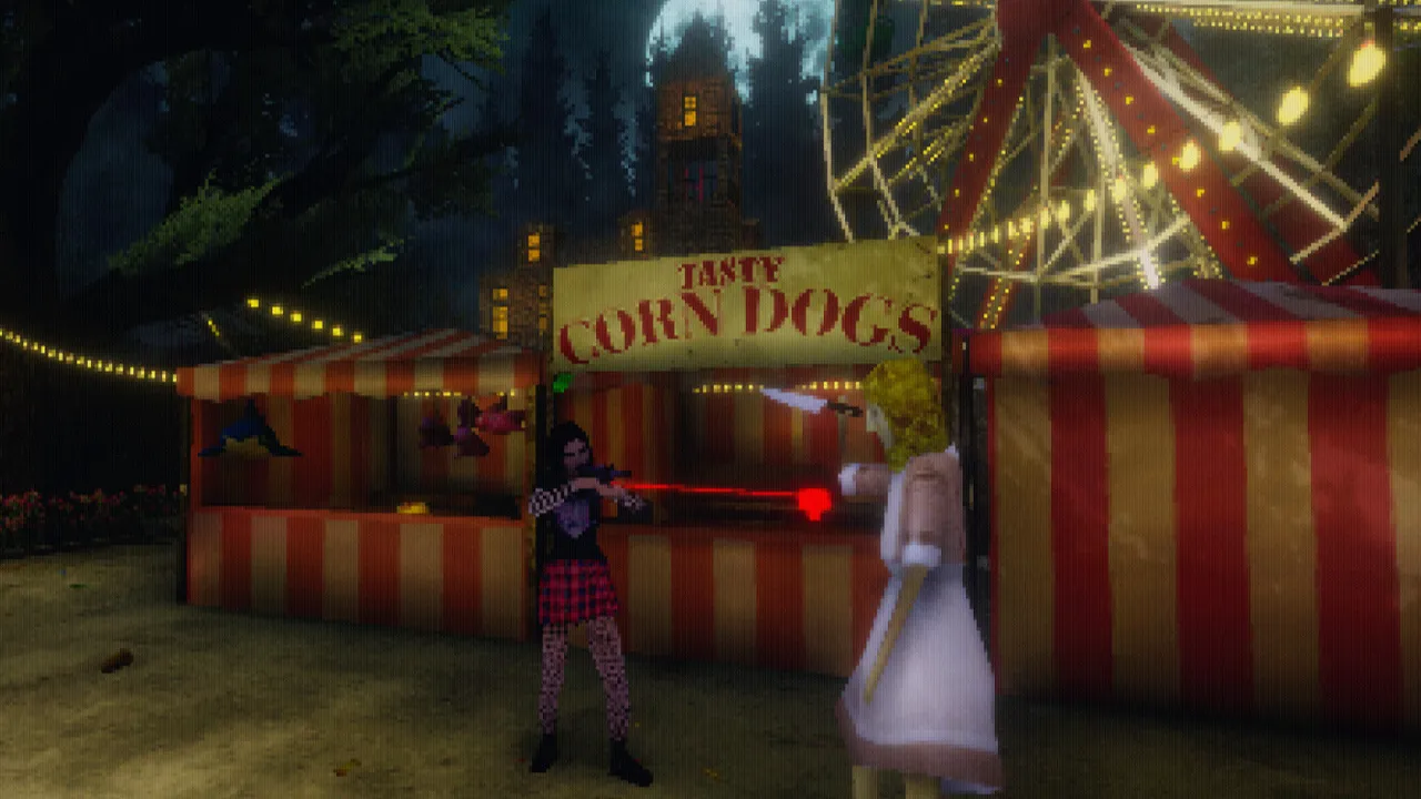 Carnival Massacre screenshot: Harley aims a laser-sighted rifle at a blonde doll-like girl holding a knife beside a striped corn dog stall, under a lit Ferris wheel