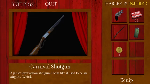Carnival Massacre screenshot: the inventory menu framed in red curtains shows a carnival shotgun, a revolver, ammunition, a spray and coins, with Harley injured