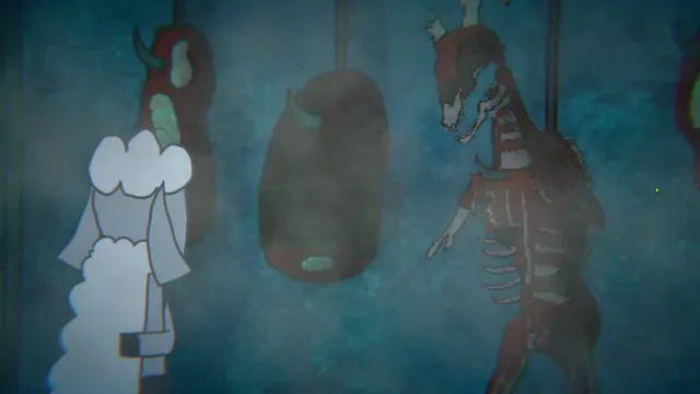 Carnivore screenshot: the sheep in a dim cold store with hanging carcasses and a skinned creature on a hook