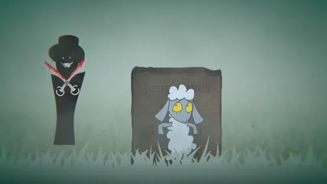 Carnivore screenshot: the sheep hides behind a sign in the fog while a tall black figure in a top hat holds bloody scissors