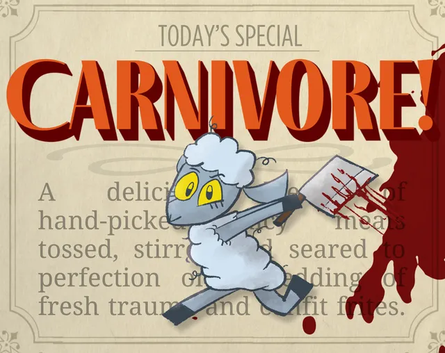 Carnivore cover: a wide-eyed cartoon sheep runs with a bloody cleaver across a menu card headed Today's Special