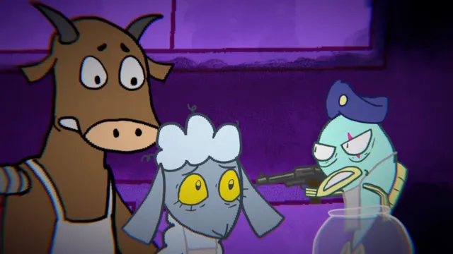Carnivore screenshot: a worried cow and the sheep face a fish in a police cap pointing a gun from a fishbowl