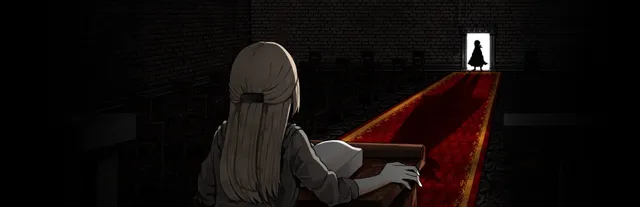 Cat in the Box key art: a girl with long hair sits at a desk before a red carpet that leads to a lit doorway with a dark figure