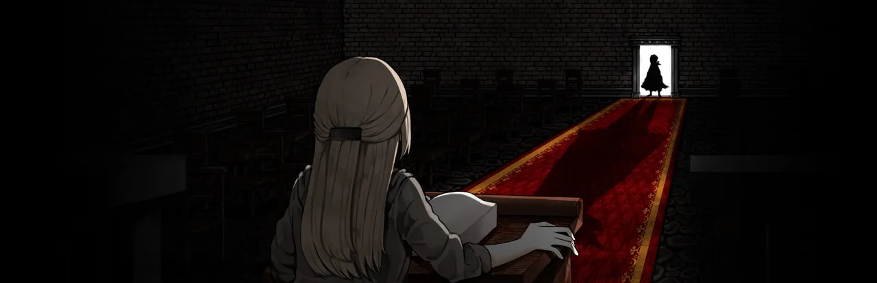 Cat in the Box key art: a girl with long hair sits at a desk before a red carpet that leads to a lit doorway with a dark figure