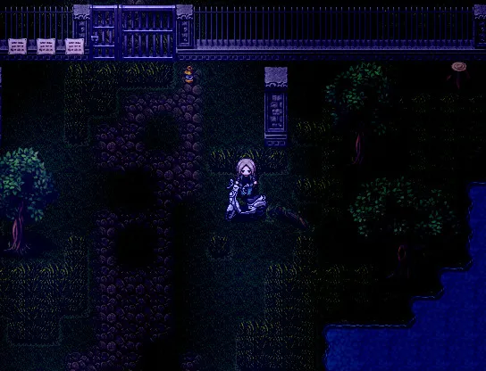 Cat in the Box: the girl kneels in the dark garden outside the mansion gates, in blue-tinted pixel art