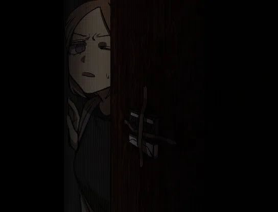 Cat in the Box: a drawn close-up of the girl's frightened face half hidden behind a door