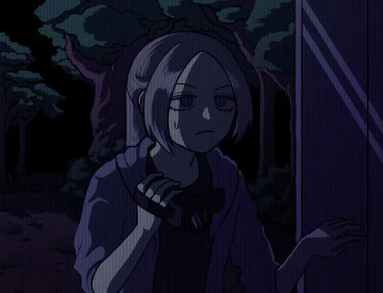 Cat in the Box: a drawn close-up of the girl holding her camera, sweating, at the edge of a dark forest