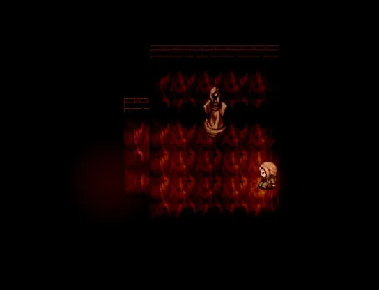 Cat in the Box: two robed figures stand in a room of red flames