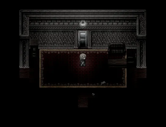Cat in the Box: a grey mansion hall in pixel art with a red rug and a single lamp