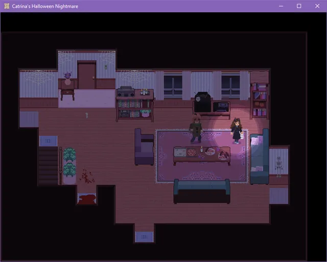 Catrina's Halloween Nightmare screenshot: a top-down pixel-art living room with cobwebs, pizza on the table, a skeleton by the wall and blood by the stairs