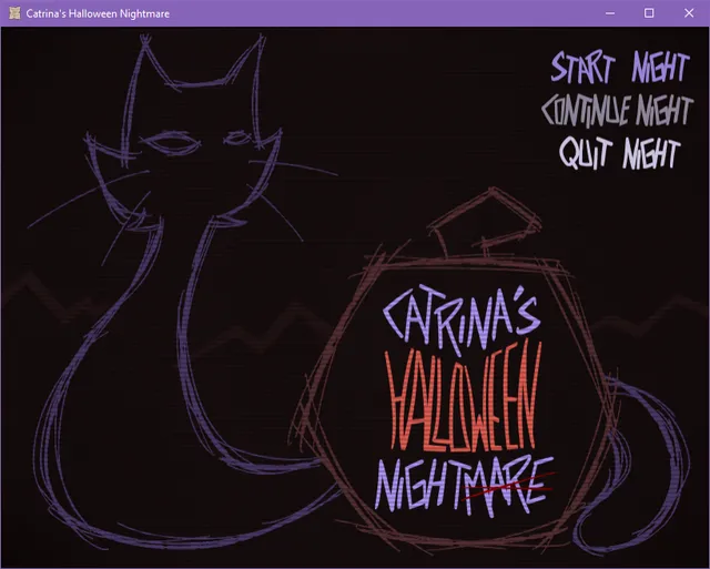Catrina's Halloween Nightmare title screen: a sketched cat and pumpkin with the menu Start Night, Continue Night, Quit Night