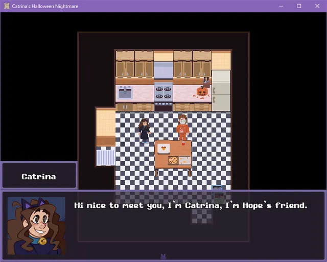 Catrina's Halloween Nightmare screenshot: Catrina meets a guest in a pumpkin costume in a checkered kitchen, with her portrait and the line Hi nice to meet you, I'm Catrina