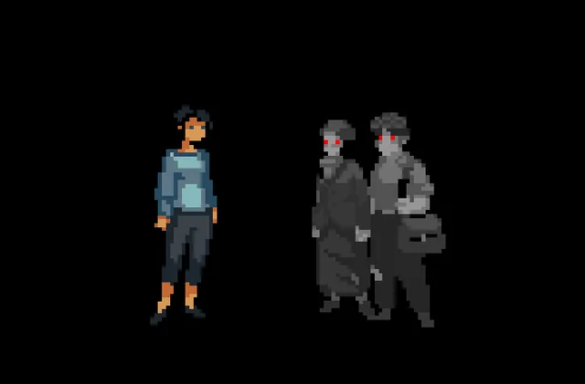Selina facing two grey figures with glowing red eyes in a black void