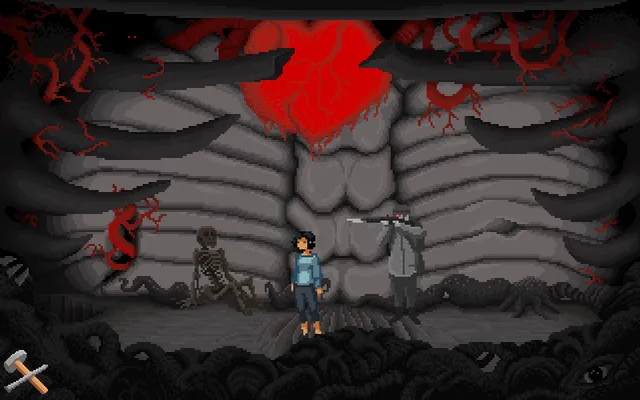 Selina in a nightmare chamber of grey ribs around a bleeding red heart, a skeleton at her side and a red-eyed man aiming a rifle