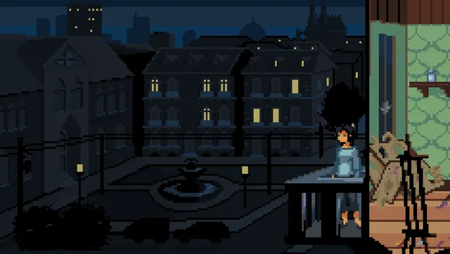 Selina leaning on her balcony at night above a dark city square with a fountain, her flat and an easel to the right