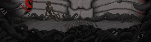 Ceasing to be Her Demise nightmare art: a skeleton slumped in front of a grey wall of ribs, with tentacle-like shapes and an eye in the dark below