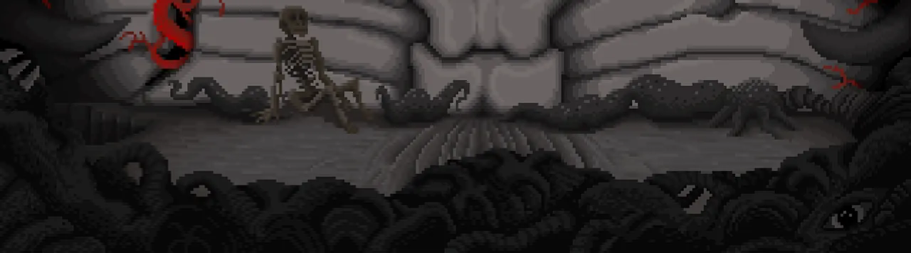Ceasing to be Her Demise nightmare art: a skeleton slumped in front of a grey wall of ribs, with tentacle-like shapes and an eye in the dark below
