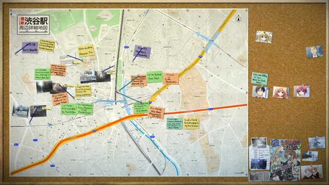 CHAOS;CHILD screenshot: an evidence board with a map of Shibuya Station, pinned notes and photos of the cast