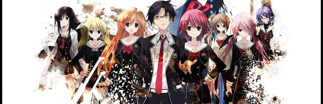 CHAOS;CHILD key art: the main cast in school uniforms against a spray of black and brown shards
