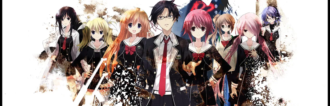 CHAOS;CHILD key art: the main cast in school uniforms against a spray of black and brown shards
