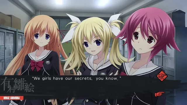 CHAOS;CHILD screenshot: three schoolgirls in the club room as Hinae Arimura says we girls have our secrets
