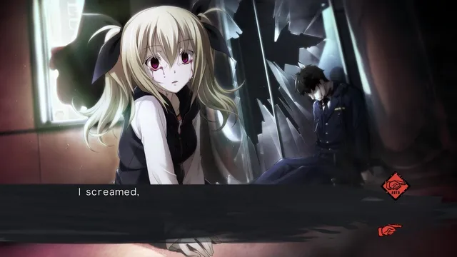 CHAOS;CHILD screenshot: a blonde girl with a mark under her eye crouches by a broken window beside a slumped man, with the line I screamed