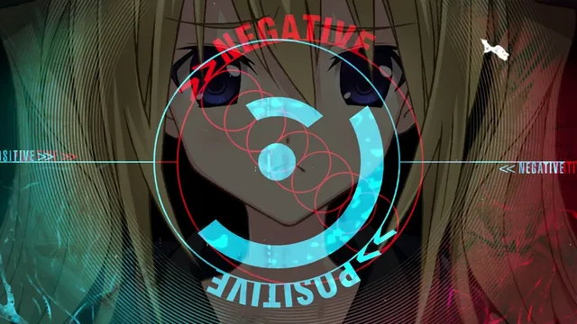 CHAOS;CHILD screenshot: the delusion trigger, a circular dial marked positive and negative over a girl's face