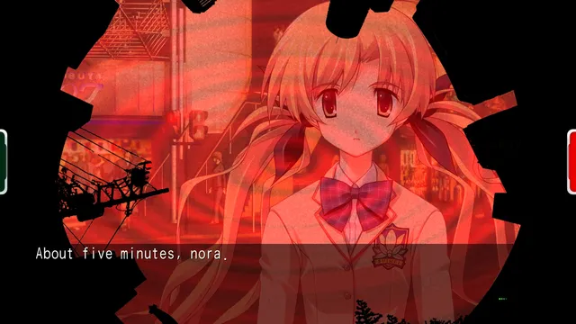 CHAOS;HEAD NOAH screenshot: a delusion scene washed in red shows a blonde schoolgirl framed by black shapes, with the delusion trigger lit at the edge