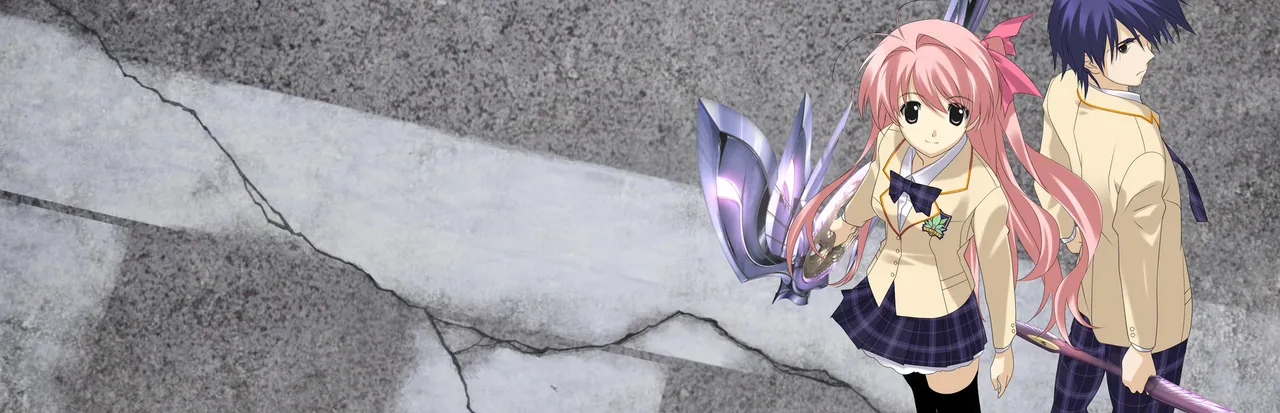CHAOS;HEAD NOAH key art: Rimi, a pink-haired schoolgirl holding a large glowing sword, beside Takumi on a cracked grey pavement