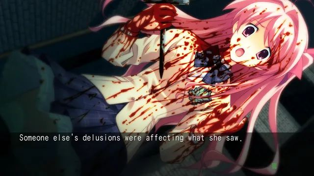 CHAOS;HEAD NOAH screenshot: a pink-haired girl lies spattered with blood, with the line that someone else's delusions were affecting what she saw