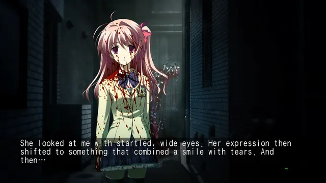 CHAOS;HEAD NOAH screenshot: a blood-soaked schoolgirl stands in a dark alley, smiling through tears