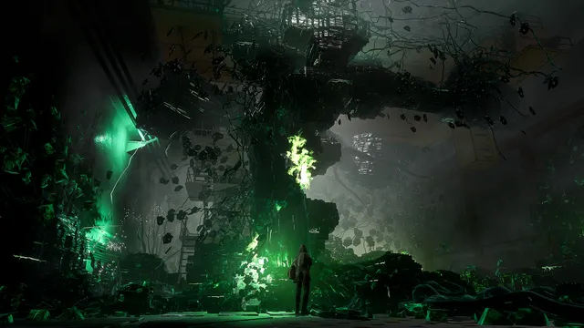 Chernobylite screenshot: a lone figure in a cavern of glowing green crystal and floating debris