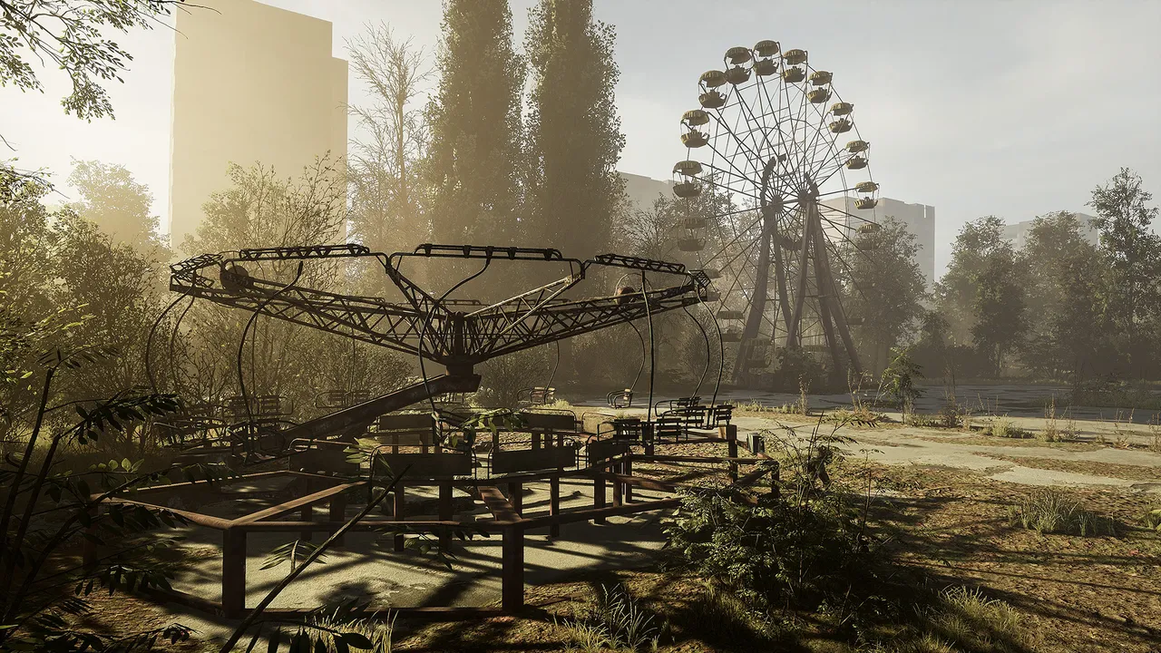 Chernobylite screenshot: the abandoned Pripyat funfair with its Ferris wheel and rusted rides in hazy sunlight