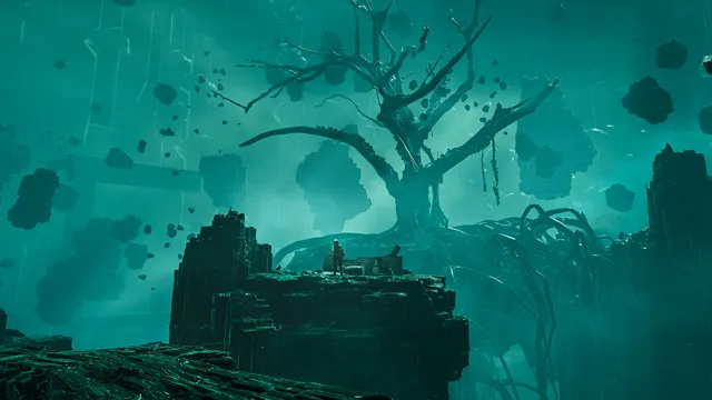 Chernobylite screenshot: a twisted tree on a rock among floating stones in a teal haze