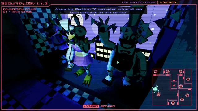 Camera view of animatronics on a stage as a corrupted voicemail message is detected