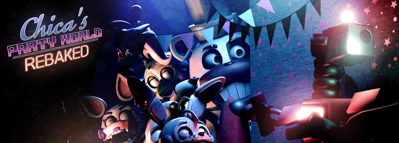 Chica's Party World: REBAKED banner: the party animatronics and a red security robot beside the neon logo
