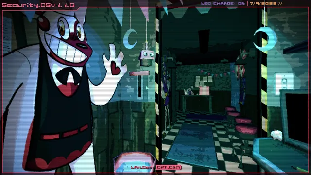 A grinning top-hatted rabbit cutout waves beside a dark corridor on the security screen