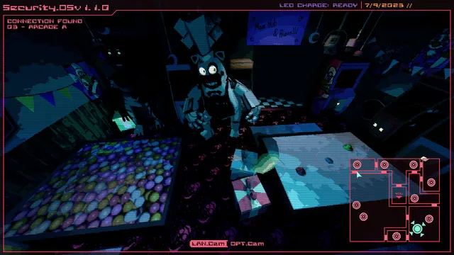 Security camera view of a dark arcade with an animatronic standing among the machines, with a camera map