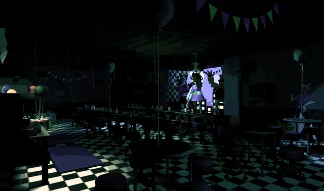 A dark party room with long tables, checkered floor and bunting, and an animatronic lit on the stage