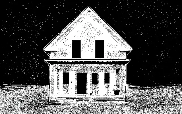 Cover: a two-storey house with dark windows in grainy black-and-white dithering