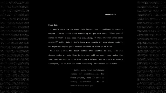 A page of the story: a letter dated 03/16/2020 beginning Dear Dad, in white typewriter text on black between bands of static