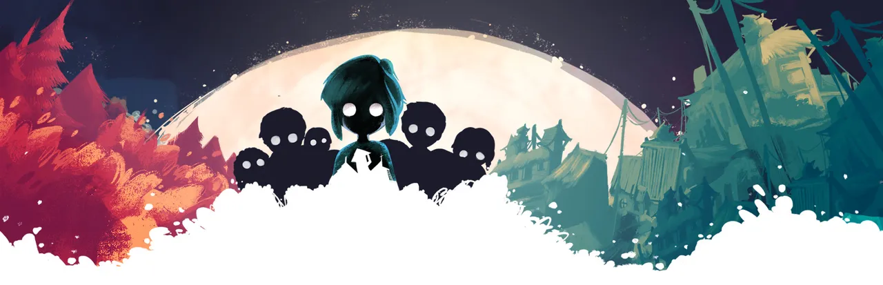 Children of Silentown key art: Lucy among the black silhouettes of village children before a pale moon, with red and teal trees on either side
