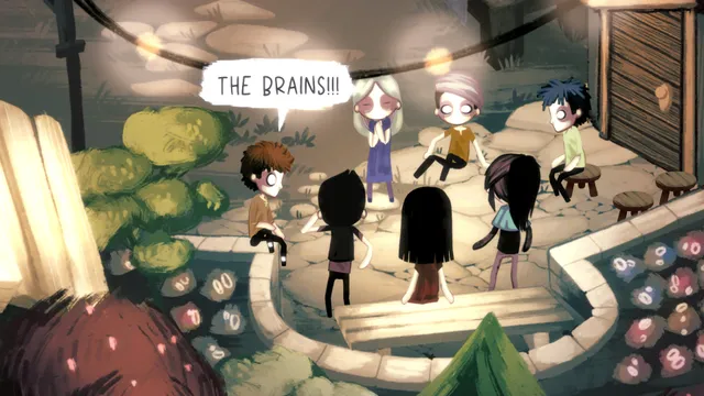 Village children gather in a lamplit square, one of them shouting about brains